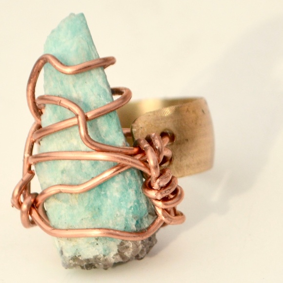 Custom Natural Blue Amazonite Brass Copper Ring - Picture 2 of 6